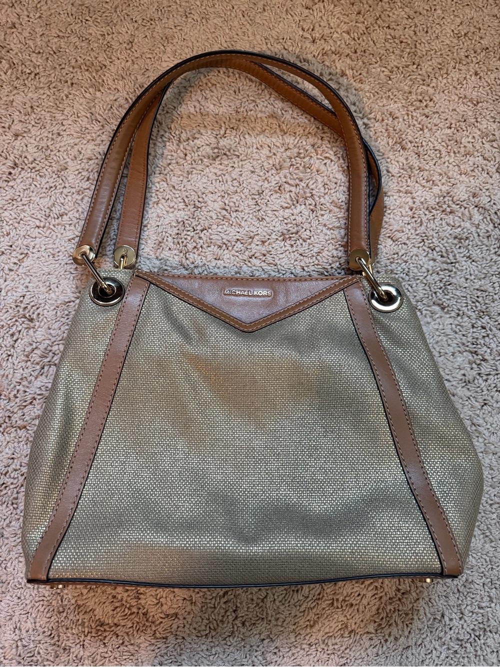 Michael Kors Taupe Canvas with Brown Leather Trim Shoulder Bag